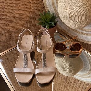 ⭐️Bandolino - Nude, T-Strap, Wedge Sandals W/Silver Beading- Size 7.5